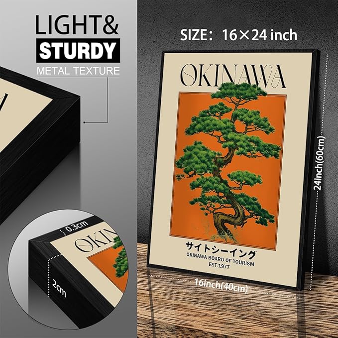 Japanese Canvas Wall Art Orange Okinawa Prints Retro Japanese Bonsai Tree Picture Modern Ukiyo-e Decor Poster for Asian Living Room Bedroom Dorm Bathroom 16x24 inch Black Framed