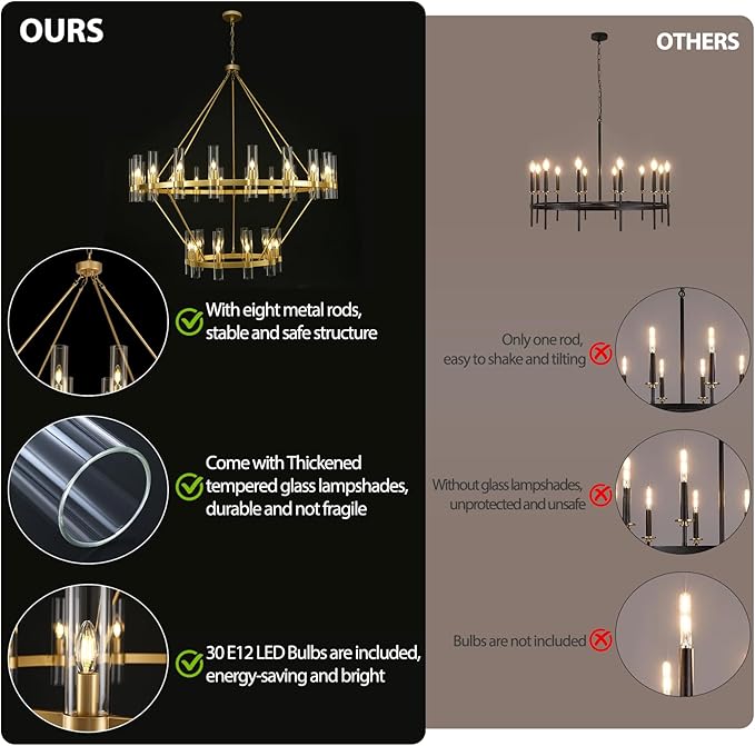 2 Tier Gold Wagon Wheel Chandelier, 60 Inch Farmhouse Chandelier with Glass Tube, 30-Light Large Round Chandeliers for Dining Room, Living Room, Bedroom and Entryway