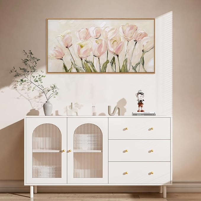 CHDITB Tulip Floral Framed Canvas Wall Art, 20"X40" Watercolor Flower Pink Tulip Textured Oil Painting, Modern Wildflower Wall Decor, Large Pink Floral Artwork for Living Room, Bedroom, Office