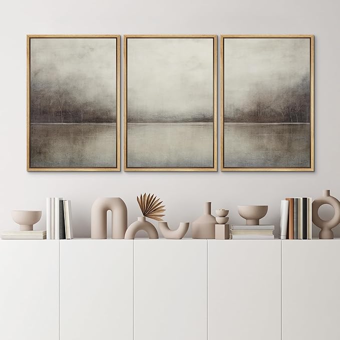 MUDECOR Framed Canvas Print Wall Art Set Abstract Landscape Nature Wilderness Illustration Modern Art Decorative Realism Rustic Vintage for Bedroom - 24"x36"x3 Natural