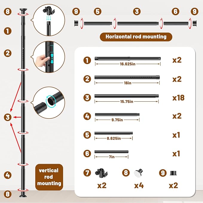 AJAZZ Privacy Curtains for Room Divider with Blackout & Soundproof (Grey, W100 x L96 in, 1 Panel)+ No Drill Curtain Rods(H) 43-120×(W) 35-100 in, Wall Divider for Bedroom/Studio/Office Curtain