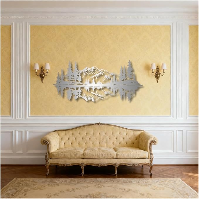 Mountain View Metal Wall Art,Nature Landscape Home Decor with Reflection,Black Iron Sculpture for Bedroom Garden Living Room Outdoor Office(Gold,35 x17 in/90x42 cm)