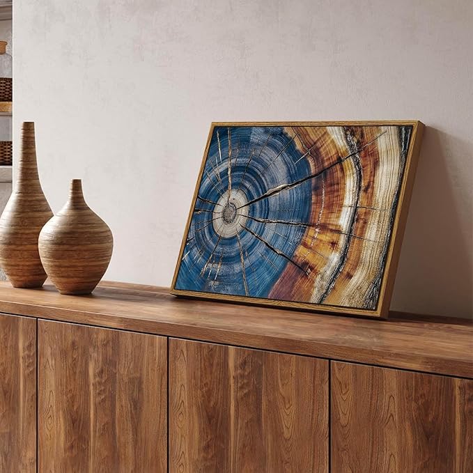 BingruiArt Framed Tree Ring Canvas Wall Art Abstract Wood Wall Decor Boho Modern Colorful Nature Painting Wood Stump Prints Pictures for Living Room Bedroom Bathroom Office 12"x16" Natural Framed(02)