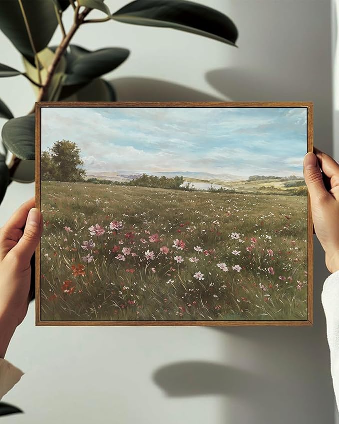 KISSFOX Vintage Landscape Canvas Wall Art Farmhouse Colorful Wildflower Meadow Framed Wall Art Summer Natural Serene Countryside Paintings Artwork Rustic Art Prints For Bedroom Bathroom Living Room