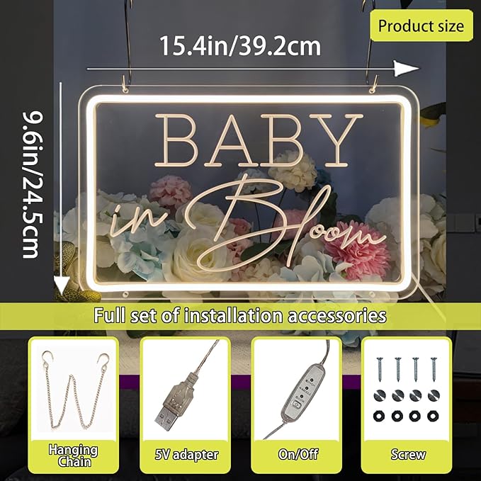 Baby in Bloom Neon Signs for Baby Shower Party Decorations, Neon Led Light Up Letters Sign for Birthday Party Decor, Gender Reveal Girl or Boy, Bedroom, Home, INSNEnN, 15.4 * 9.6 Inches