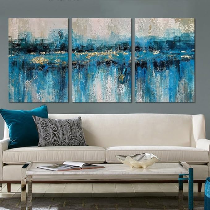 MAMAGO Abstract Wall Art Blue Gold City Landscape Canvas Print Picture for Modern Home Office Wall Artwork Framed Easy to Hang-20”W x 28”Hx3pcs