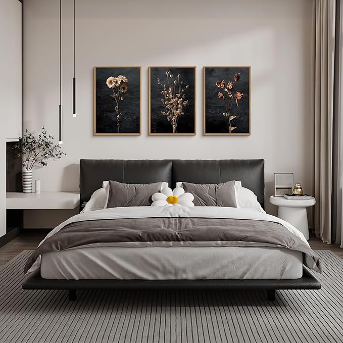 Large Moody Dark Floral Framed Canvas Wall Art,Vintage Dried Flowers Wall Decor,Modern Retro Wildflowers Artwork,Mid Century Boho Botanical Art Print for Living Room,Bedroom,Office- 24"x36"x3