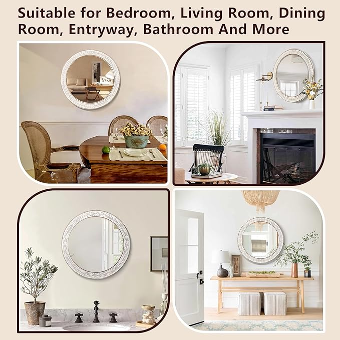 26 inch Round Mirrors for Wall Wood Circle Mirror with Carved Frame Rustic Accent Distressed Decorative for Living Room Bedroom Vanity Entryway Hallway Bathroom - White