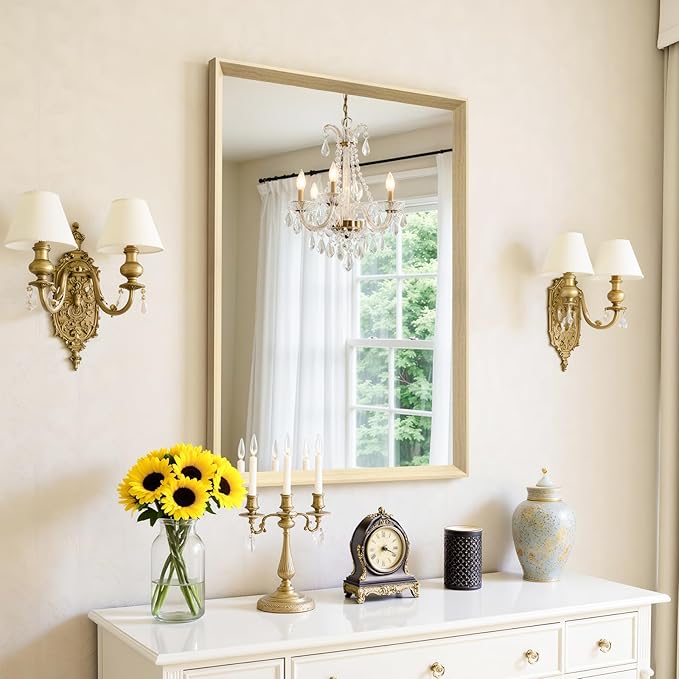 Oak Wood Effect Framed Wall Mirror, 22x30 Rectangle Mirror, 1/8" Anti-desilvering Tempered Glass, Sustainable& Sturdy Frame, Anti-Rust, HD Reflection &3min Fast Setup for Bathroom Living Room