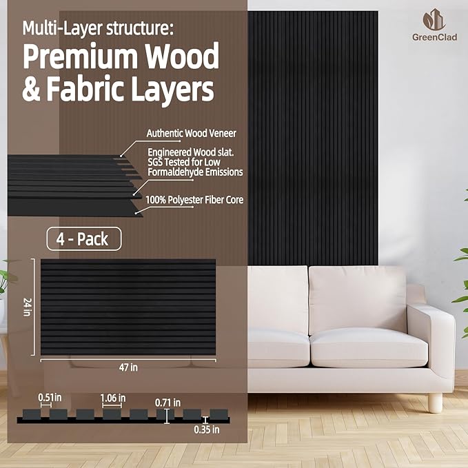 Acoustic Wall Panel - Ebony Wood Slat Soundproof Panel for Interior Wall Decor, 47.2" x 23.6", Modern Design