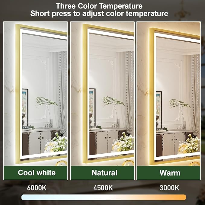 30X36 Inch Gold Frame Led Mirror,Backlit and Front Bathroom Mirror with Lights,Wall Mounted Double LED Dimmable Lighted Anti-Fog Vanity Mirror,Stepless 3 Colors Temperature 3000K-6000K