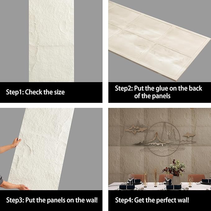 4-Pack 3D PU Stone Wall Panels for Interior Decor Faux Stone Accent Tiles, White, 47.24"x23.62"x(0.6"-1.18") Waterproof & Lightweight 3D Wall Design