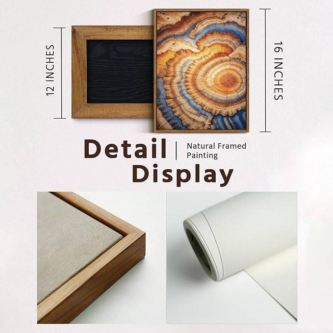 BingruiArt Framed Tree Ring Canvas Wall Art Abstract Wood Wall Decor Boho Modern Colorful Nature Painting Wood Stump Prints Pictures for Living Room Bedroom Bathroom Office 12"x16" Natural Framed(09)