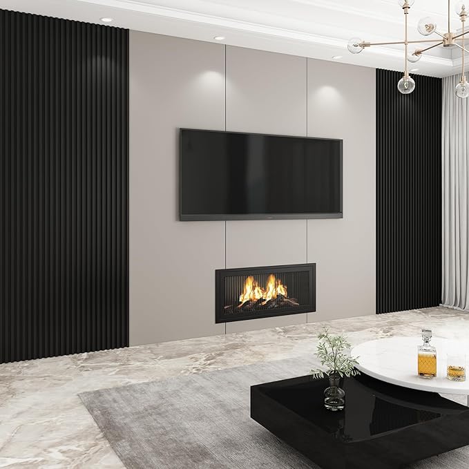 8-Pack WPC Wall Panels 118’’ x 6.1’’ 3D Slat Wall Panel Acoustic Wall Paneling for Interior Wall Decor TV Background Kitchen Bedroom Black