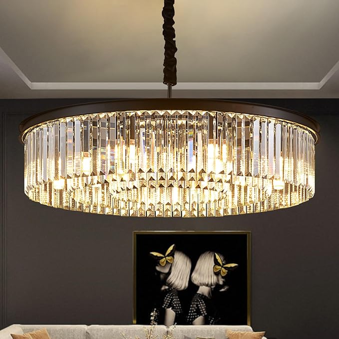 31.5" 12-Light Modern Crystal Chandelier Light Fixtures 3 Rings Black Luxury Chandeliers for Living Room Glam Round Hanging Ceiling Pendant Lighting for Entryway Kitchen Bedroom Dining Room