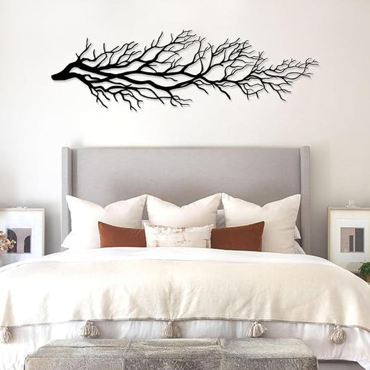 Metal Tree Branch Wall Decor, Dry Ivy Nature Sculpture, Home Sign, Large Art Housewarming Gift (11"x35"|28x90cm, Black)