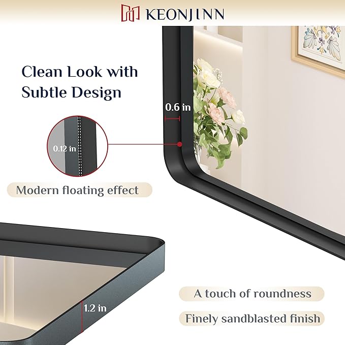 Keonjinn Black Bathroom Mirrors for Over Sink, 40” x 24” Matte Sandblasted Finish Aluminum Vanity Mirror, Rectangle Farmhouse Mirrors with HD Tempered Glass, Anti-rust Wall Mirror, Horizontal/Vertical