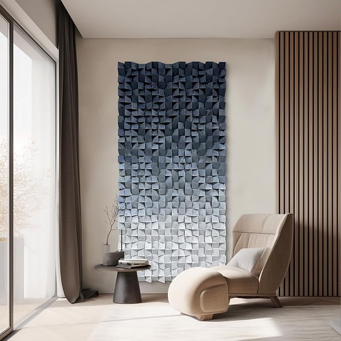 LIUZEYUE - 3D wooden block decoration painting art wall decoration 3D wooden background wall living room bedroom study (blue gray gradient) 31.5"x63"