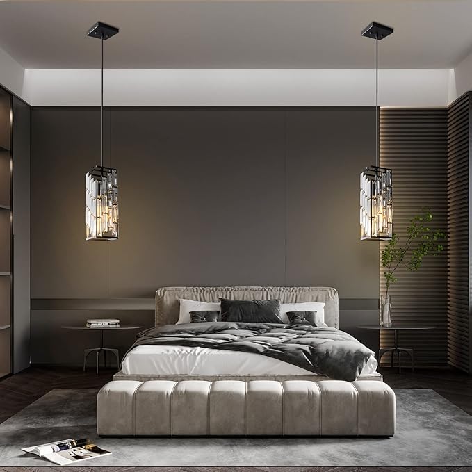 Black Pendant Lighting Modern Pendant Light, Mini Crystal Chandeliers,Adjustable Pendant Light Fixture for Kitchen Island Dinning Room Bedroom (2 Pack)