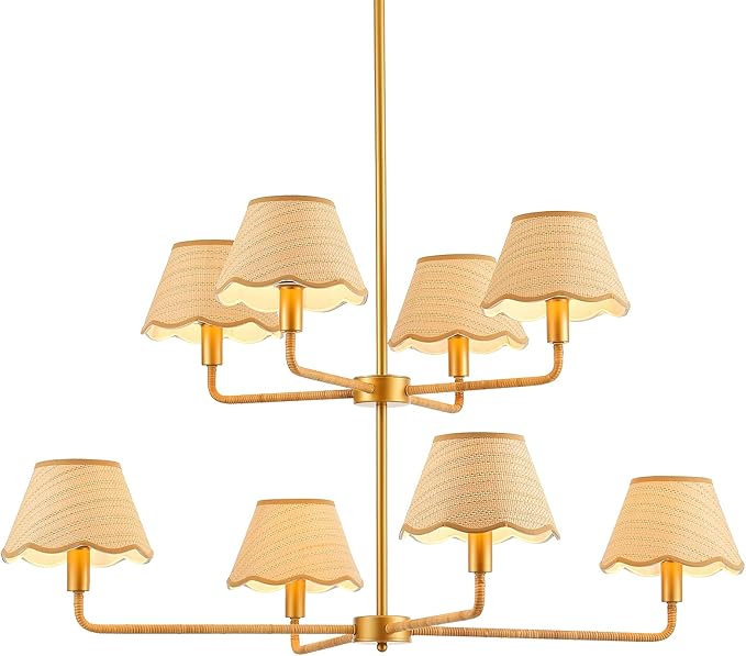 2-Layers Boho Rattan Chandelier 8-Lights Rustic Industrial Pendant Light Large Adjustable Pendant Lighting Fixtures for Kitchen Island Dining Living Room, Dia 41”, UL Listed