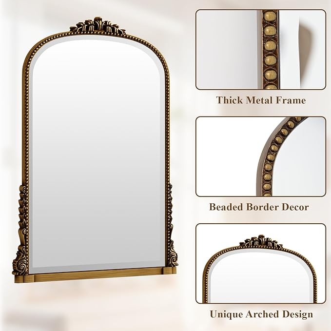 40x28 Beaded Arched Mirror, Bathroom Mirror for Over Sink, Metal Frame Wall Decor for Entryway, Bedroom, Living Room, Gold