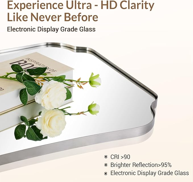 ANDY STAR 24"x32" Brushed Nickel Mirror, Scalloped Bathroom Wall Mirror with Metal Frame for Vanity, Vintage Design Ideal for Entryway, Living Room & Bedroom Decor