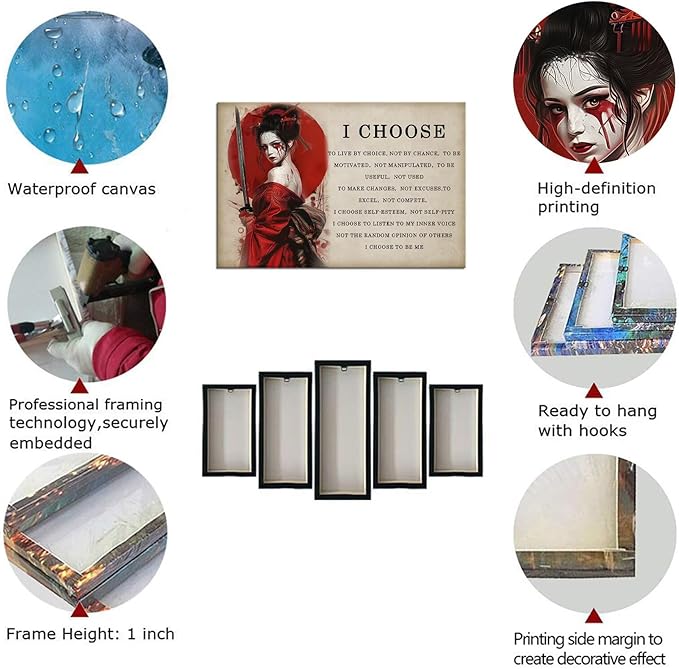 Motivational Japanese Geisha Canvas Wall Art Prints Red Moon Wall Decor Samurai Painting Inspirational Quotes I Choose Poster Framed for Hotel Living Room Bedroom Framed (24''W x 36''H)