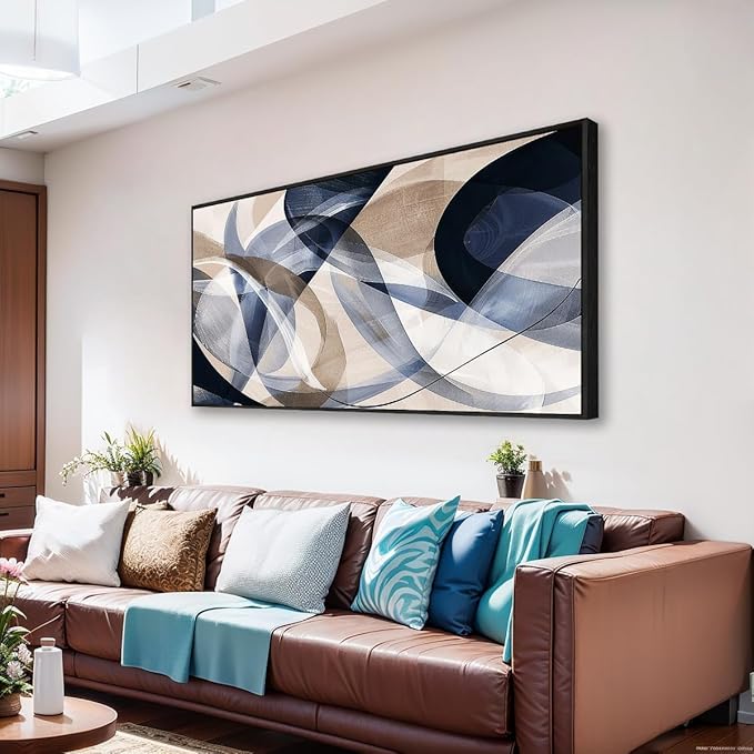Modern Geometric Abstract Canvas Wall Art 48 x 24 inches Navy Blue and Beige Tones Canvas Painting Framed Home Artwork Living Room Decor for Bedroom Office Wall Decor
