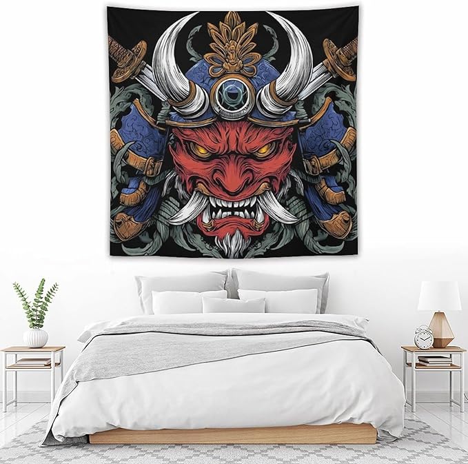 UUKXKUU Oriental Retro Mask Symmetry Samurai Tapestry Large Wall Art Backdrop Flag Wall Hanging Decor for Living Room Bedroom Dorm Office 60"×60"