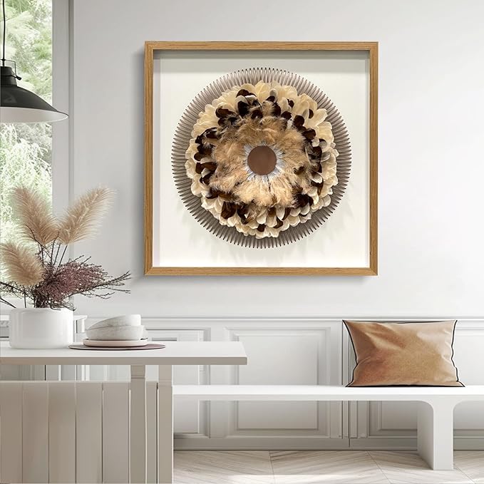 BrightA Handmade Bohemian Wall Art Circular Feather and Leather Wall Sculpture with Organic Textured Gray Backdrop Boho Decor for Living Room Study Spaces 31.5"x31.5"