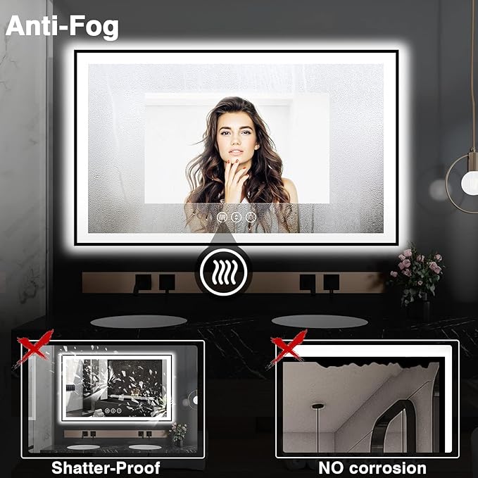 60x36 LED Bathroom Mirror - Black Aluminum Framed (Front and Backlit), Anti-Fog Smart Mirror, Stepless Dimmable, 3 Colors (Horizontal/Vertical)