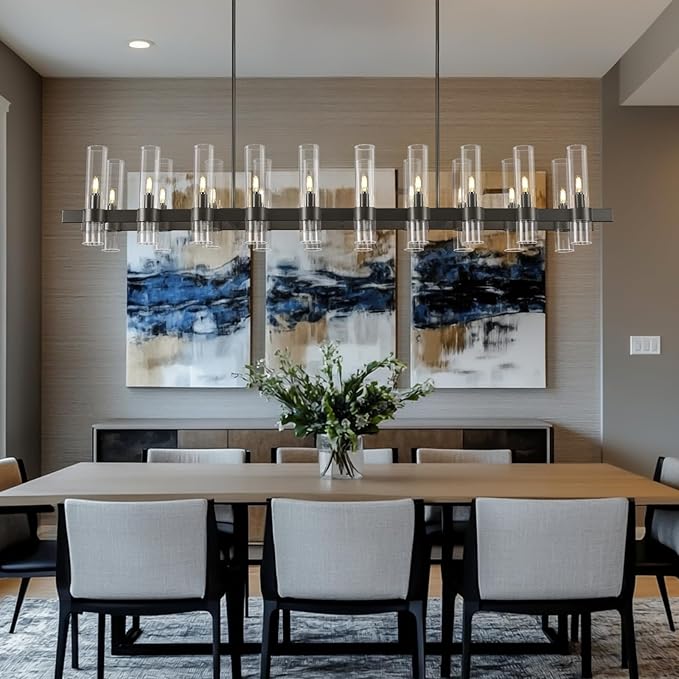 Black Linear Chandeliers for Dining Room, 68" Rectangle Chandelier with Glass, 20-Light Dining Room Chandeliers Over Table, Bronze Chandelier for Kitchen Island, Modern Pendant Light(Bulbs Included)