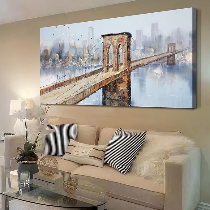 Arjun Brooklyn Bridge Canvas Wall Art New York Skyline City Painting, NYC Picture Textured Artwork Framed for Bedroom Living Room Home Office Wall Decor, Extra Large 58"x29"
