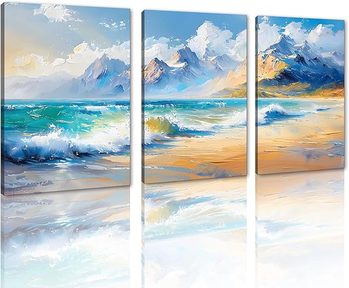 MAMAGO Large Modern Beach Wall Art 3 Pieces Blue Sea Canvas Print Poster Abstract Coastal Ocean Waves Painting for Bedroom Office Framed Wall Decor Ready to Hang-24”x36”x3pcs