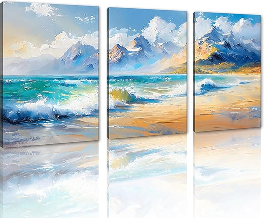MAMAGO Large Modern Beach Wall Art 3 Pieces Blue Sea Canvas Print Poster Abstract Coastal Ocean Waves Painting for Bedroom Office Framed Wall Decor Ready to Hang-24”x36”x3pcs
