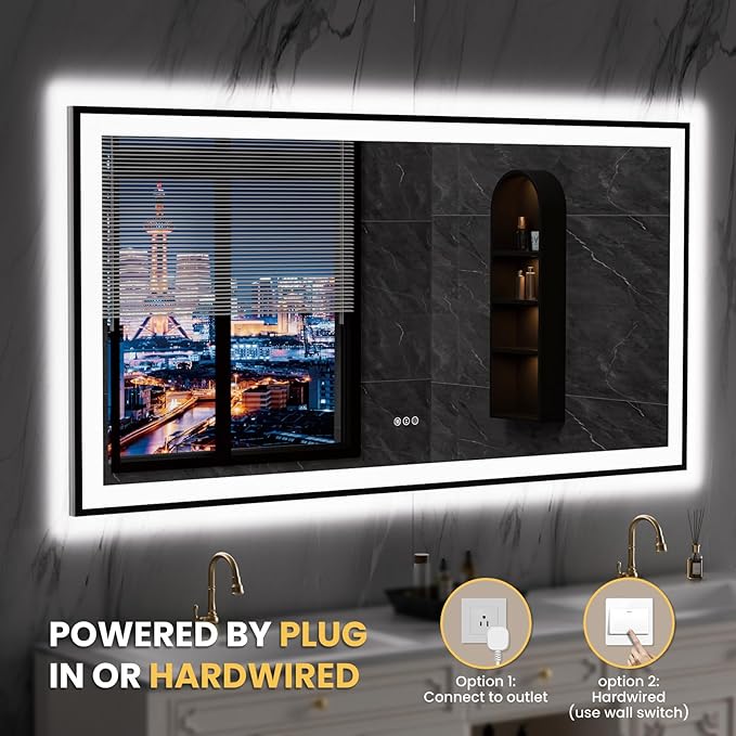 LOAAO 72"X36" LED Bathroom Mirror Black Framed, Anti-Fog, Dimmable, Lighted Bathroom Vanity Mirror for Wall, Memory Function, Tempered Glass