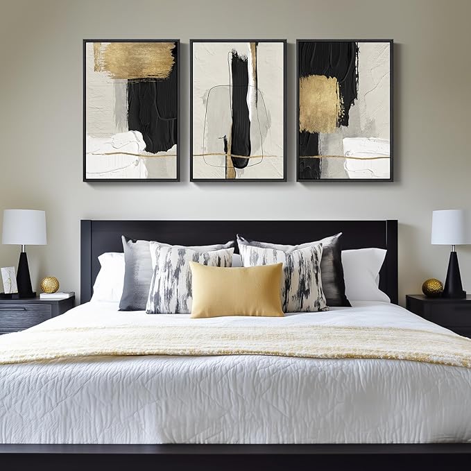 Large Framed Black and White Abstract Wall Art, 3 Piece Modern Canvas Prints Paintings Artwork for Walls, Minimalist Black Beige Gold Pictures for LIving Room Bedroom Office Wall Decor Total 30x60 In