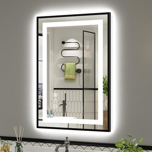 24x36 Inch LED Bathroom Mirror with Black Frame, Backlit & Front Lit, Anti-Fog Lighted Bathroom Vanity Mirror for Wall, Memory Function, Dimmable, HD Tempered Glass, Shatter-Proof