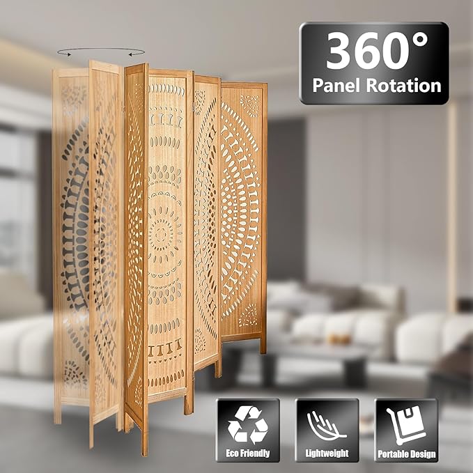 6 Panel Wood Room Divider Fully Assembled, Decorative Room Dividers and Folding Screens, 5.6Ft Room Divider Screen Freestanding Partition Wall Dividers for Home Bedroom Office, Light Brown