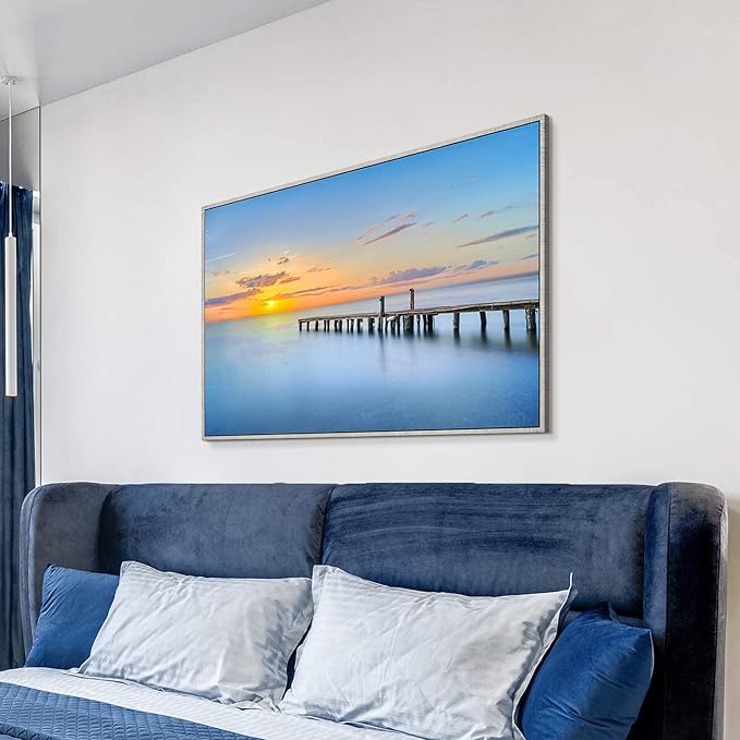 Canvas Wall Art Ocean Picture: Living Room Bedroom Large Seascape Sunset Framed Painting Sea Beach Scene Coastal Pier Print Artwork for Home Office 48 x 32 Inch