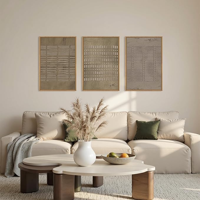 Aryroi Large Abstract Brown Beige Framed Canvas Wall Art,Modern Lines Dots Wall Decor,Boho Neutral Minimalist Artwork,Mid Century Geometric Art Print for Living Room,Bedroom,Office- 24"x36"x3