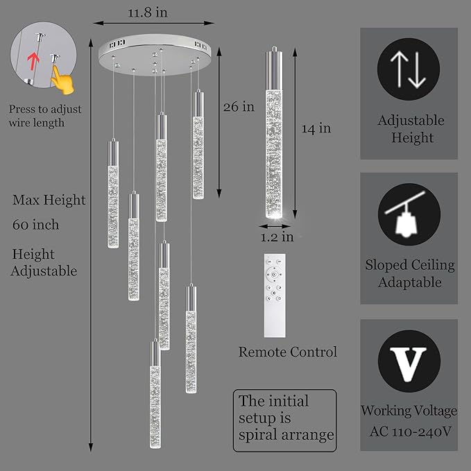 7-Lights High Ceiling Crystal Chandelier, Modern LED Raindrop Pendant Light Fixture 60" H Flush Mount Chandelier Chrome for Foyer Staircase Living Room