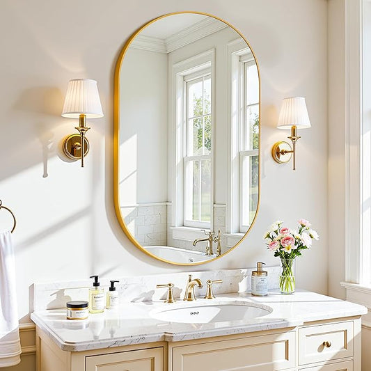 Antok Wall Mirror, 20"x36" Bathroom Vanity Mirror, Anti-Rust HD Tempered Glass, Wall Mounted Mirrors for Living Room, Entryway, Hallway, Gold Frame, Oval