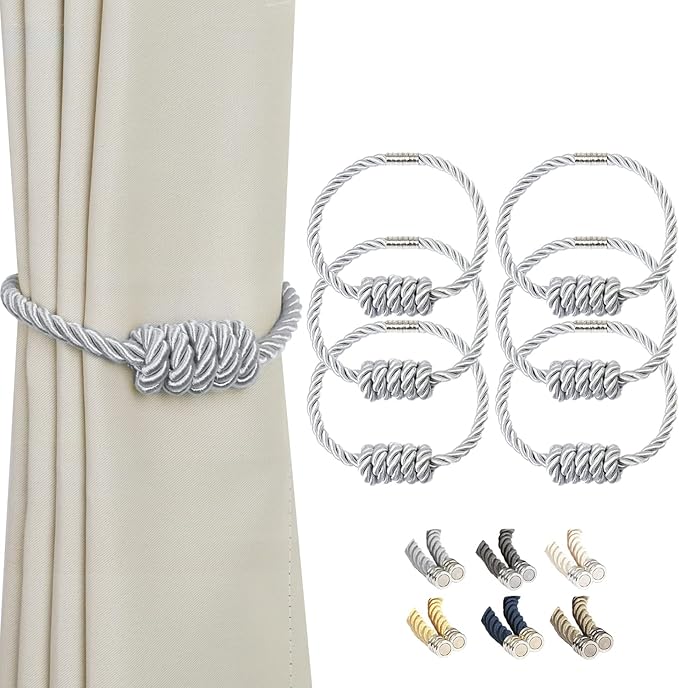 BEL AVENIR Magnetic Curtain Tiebacks, Decorative Drapery Holdbacks Modern Woven Tie-Backs with Exquisite Knot (Sliver, 6 Pack)