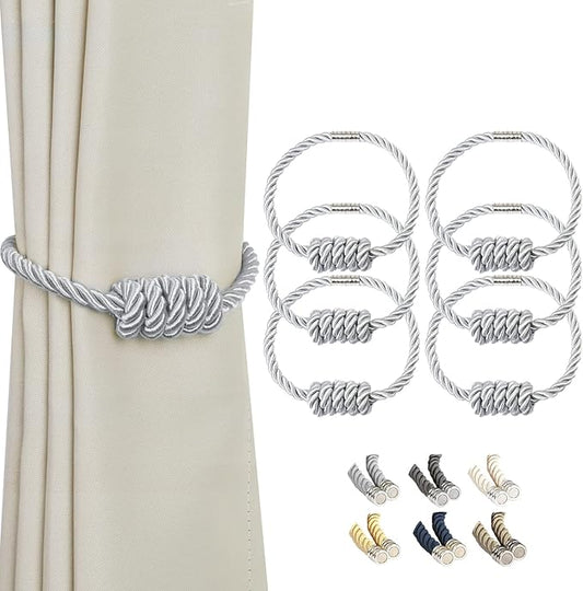BEL AVENIR Magnetic Curtain Tiebacks, Decorative Drapery Holdbacks Modern Woven Tie-Backs with Exquisite Knot (Sliver, 6 Pack)