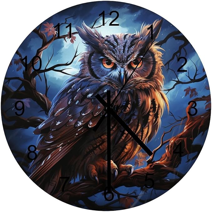 Owl Cartoon Round Wall Clock, Night Forest Branch Owl Watercolor Art, Personalized Decorative Wooden Silent Wall Wall Clock for Teenagers' Rooms and Bedrooms 12x12INCH