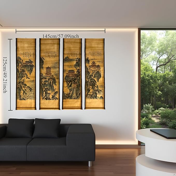 CIFIBIFUN Wall Asia Art Prints Posters Painting Asia Vintage Style,4 Panels Architectural Scroll Four Great Towers, Walls Decor for Living Room Library (Japan Painting)