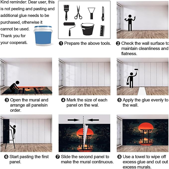 Japanese Style Mural Wallpaper, Japanese Torii Gate Murals, Red Sun Forest Murals Wallpaper for Living Room Bedroom Tv Background Wall Home Decor Mural (Not Peel Stick)