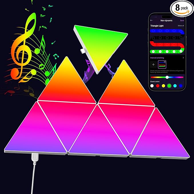 8 PCS Triangle Light Panels – Smart RGB Gaming Triangle LED Lights with App & Music Sync – Bedroom Lamp, Wall Art, Essentials, Playroom & Home Deco