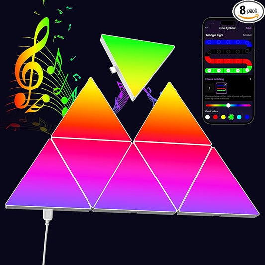 8 PCS Triangle Light Panels – Smart RGB Gaming Triangle LED Lights with App & Music Sync – Bedroom Lamp, Wall Art, Essentials, Playroom & Home Deco
